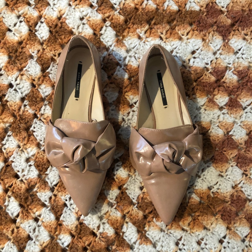 Zara Nude Patent Bow Flats